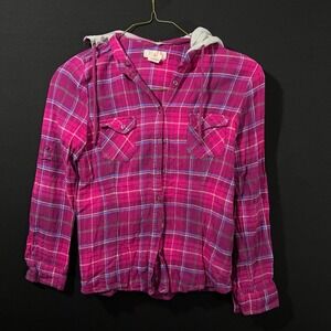Op Ocean Pacific Women's Small 3/5 Pink &‎ Gray Plaid Lightweight Flannel Shirt
